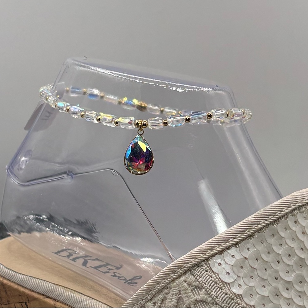 *ANKLET* S. Steel AB Clear Teardrop with AB Clear Crystal Stretchy Anklet - Picture 3 of 7